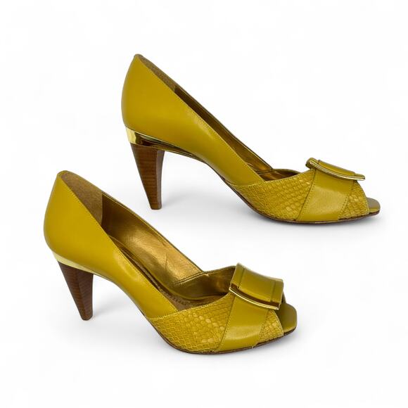 Klub Nico Women's Peep Toe Heels Size BZ 37 US 8 Mustard Yellow Square Buckle - Picture 2 of 13